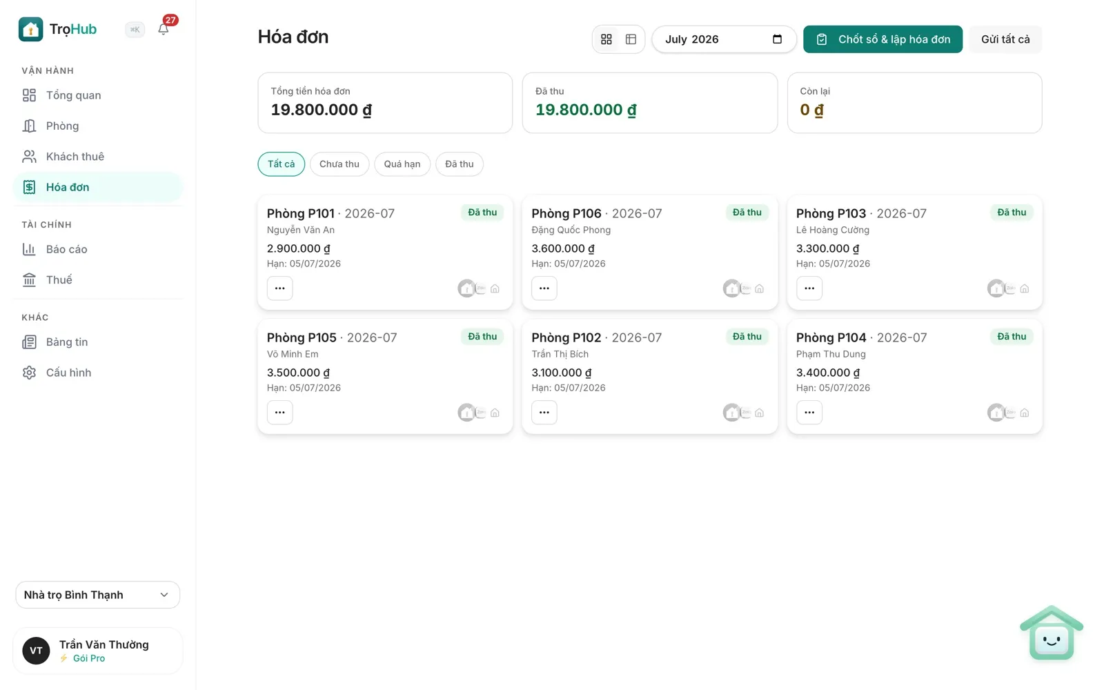 Màn hình hóa đơn TrọHub trên máy tính: tổng tiền, đã thu, còn lại và danh sách hóa đơn từng phòng