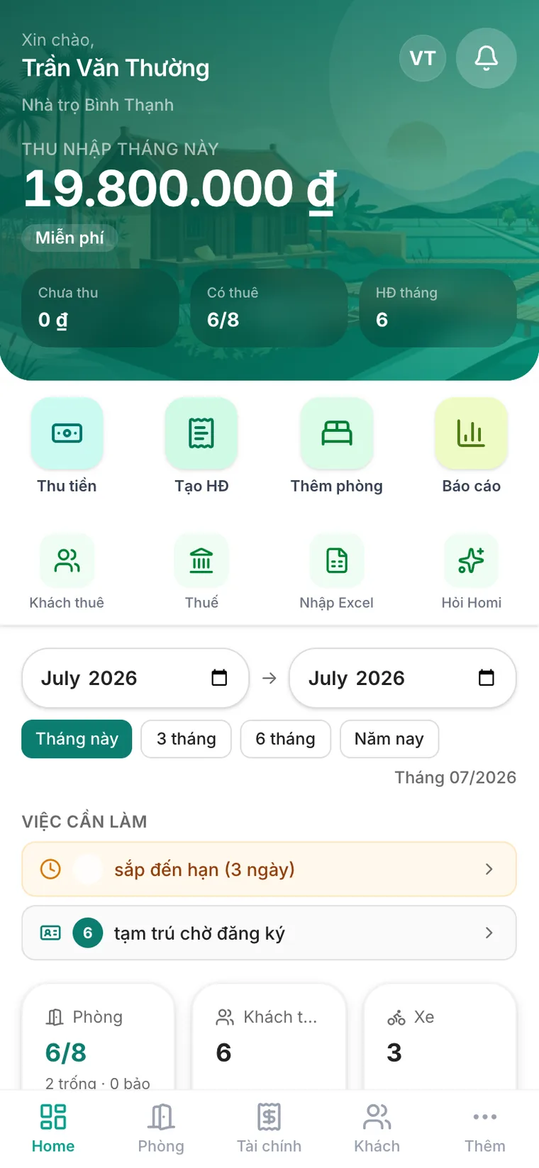 TrọHub trên điện thoại: bảng điều khiển chủ trọ với thu nhập và phòng