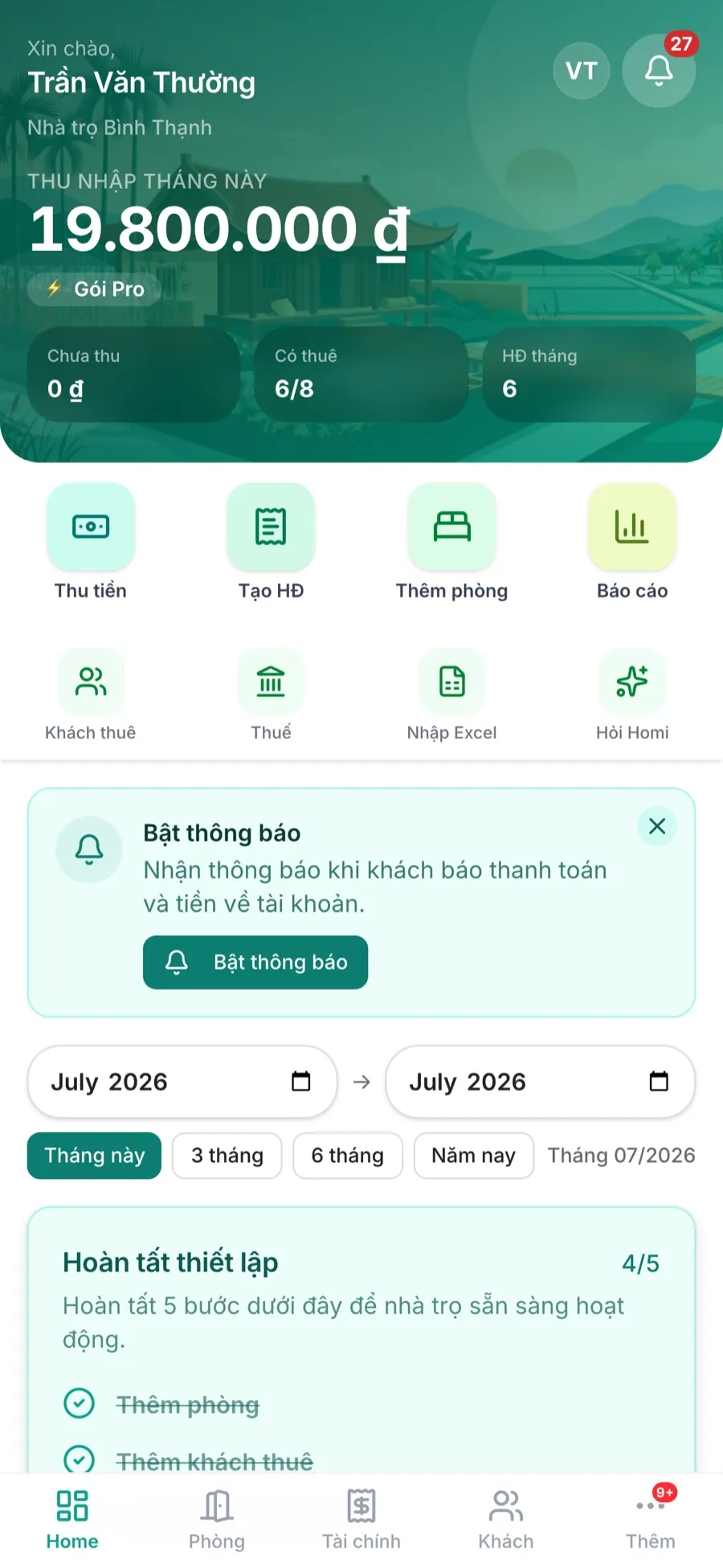 App chủ trọ TrọHub: tổng quan doanh thu, phòng và công nợ trên điện thoại