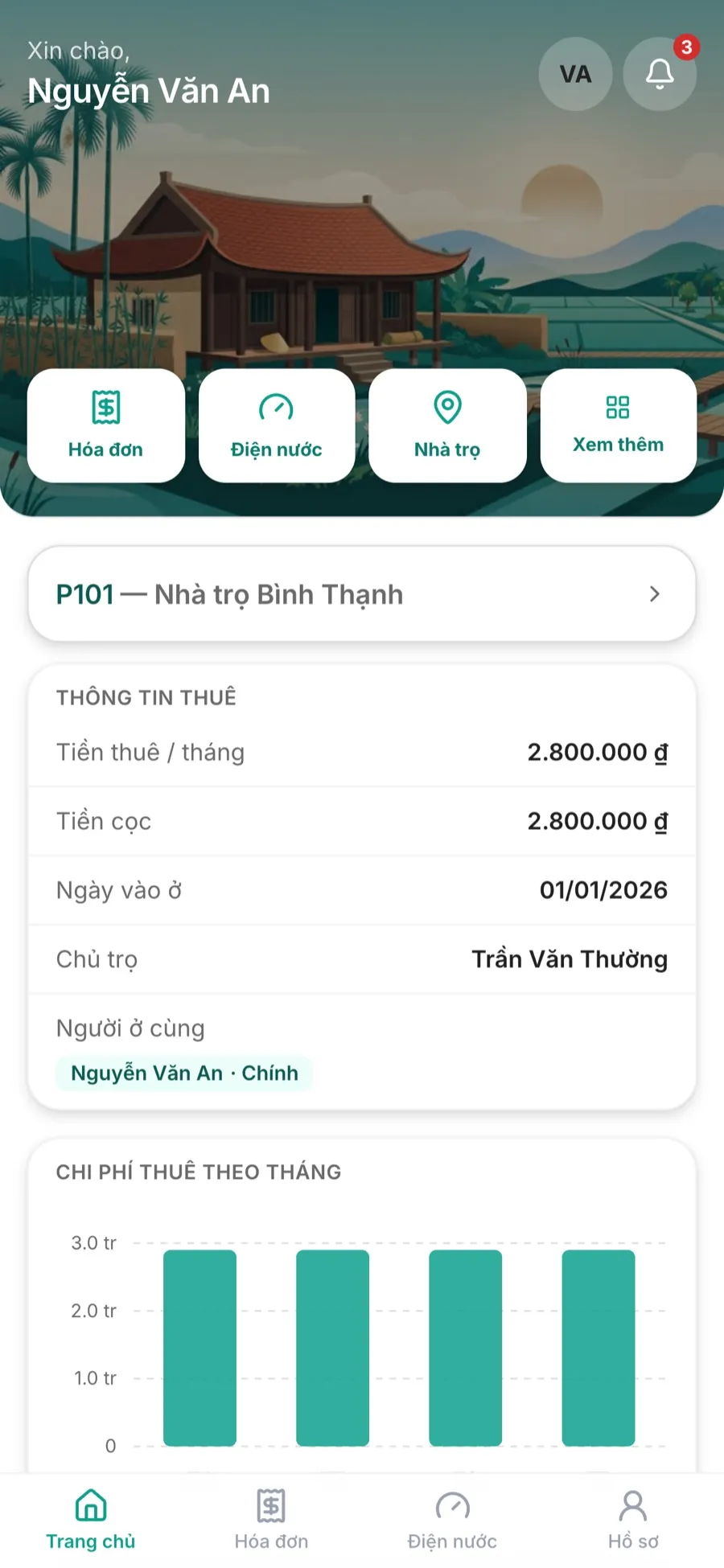 App khách thuê TrọHub: phòng đang thuê, tiền thuê, chủ trọ và chi phí theo tháng