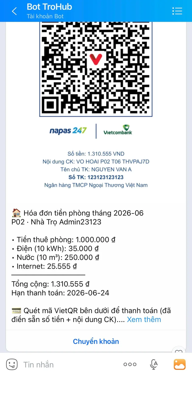 Bot TrọHub gửi hóa đơn qua Zalo kèm mã VietQR